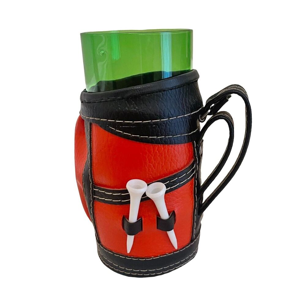 (1) Drinking Glass in Golf Bag Holder Barware Kitschy Country Club 1970s Vintage